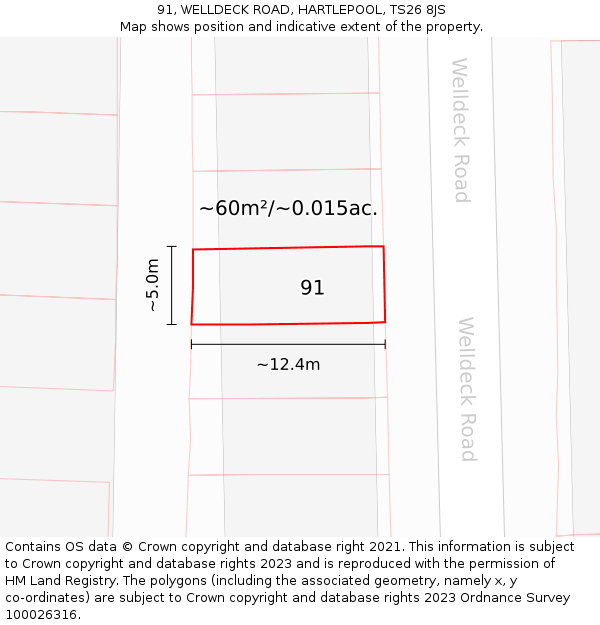 91, WELLDECK ROAD, HARTLEPOOL, TS26 8JS: Plot and title map