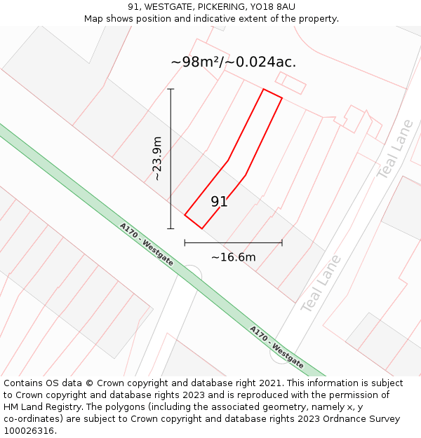91, WESTGATE, PICKERING, YO18 8AU: Plot and title map