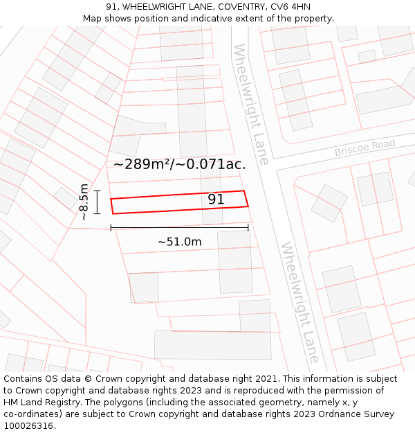 91, WHEELWRIGHT LANE, COVENTRY, CV6 4HN: Plot and title map