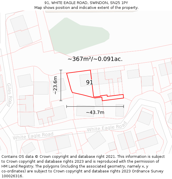91, WHITE EAGLE ROAD, SWINDON, SN25 1PY: Plot and title map