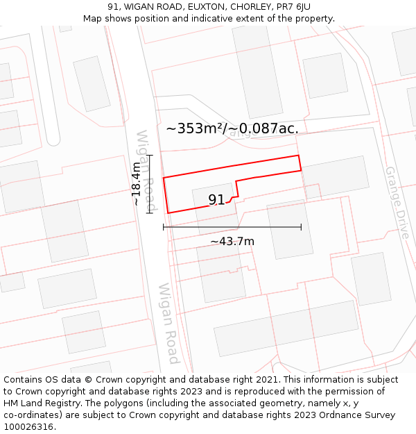 91, WIGAN ROAD, EUXTON, CHORLEY, PR7 6JU: Plot and title map
