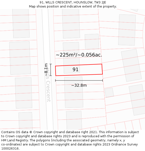 91, WILLS CRESCENT, HOUNSLOW, TW3 2JE: Plot and title map