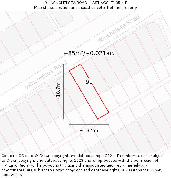 91, WINCHELSEA ROAD, HASTINGS, TN35 4JT: Plot and title map