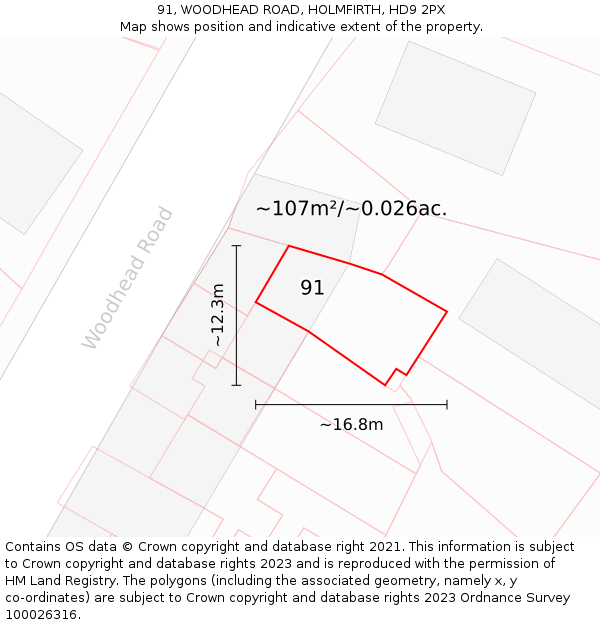 91, WOODHEAD ROAD, HOLMFIRTH, HD9 2PX: Plot and title map