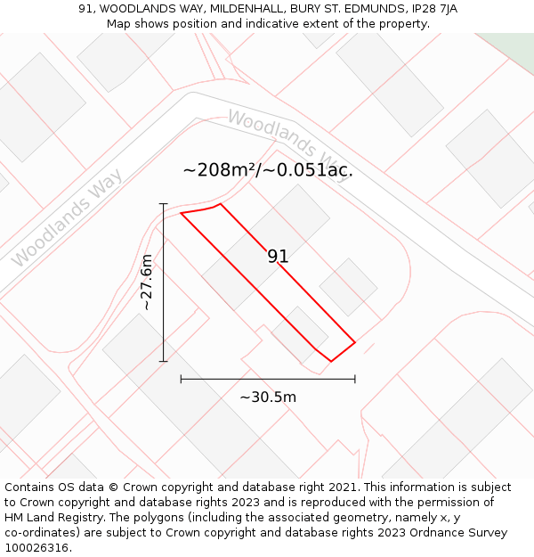 91, WOODLANDS WAY, MILDENHALL, BURY ST. EDMUNDS, IP28 7JA: Plot and title map