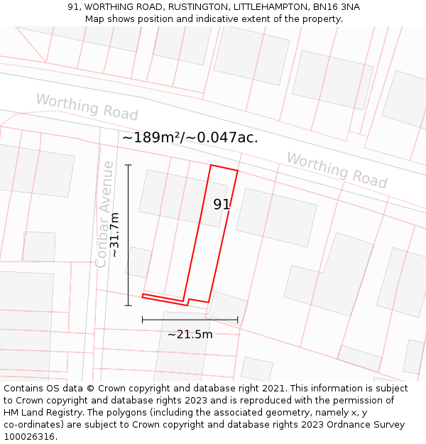 91, WORTHING ROAD, RUSTINGTON, LITTLEHAMPTON, BN16 3NA: Plot and title map