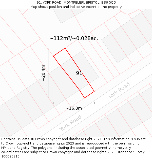 91, YORK ROAD, MONTPELIER, BRISTOL, BS6 5QD: Plot and title map