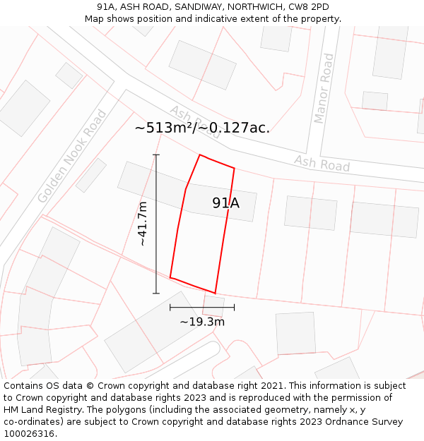 91A, ASH ROAD, SANDIWAY, NORTHWICH, CW8 2PD: Plot and title map