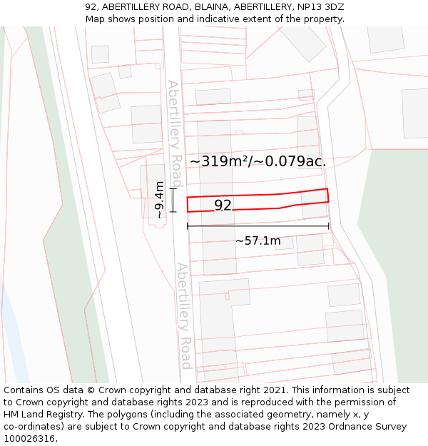 92, ABERTILLERY ROAD, BLAINA, ABERTILLERY, NP13 3DZ: Plot and title map