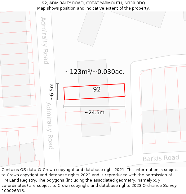 92, ADMIRALTY ROAD, GREAT YARMOUTH, NR30 3DQ: Plot and title map