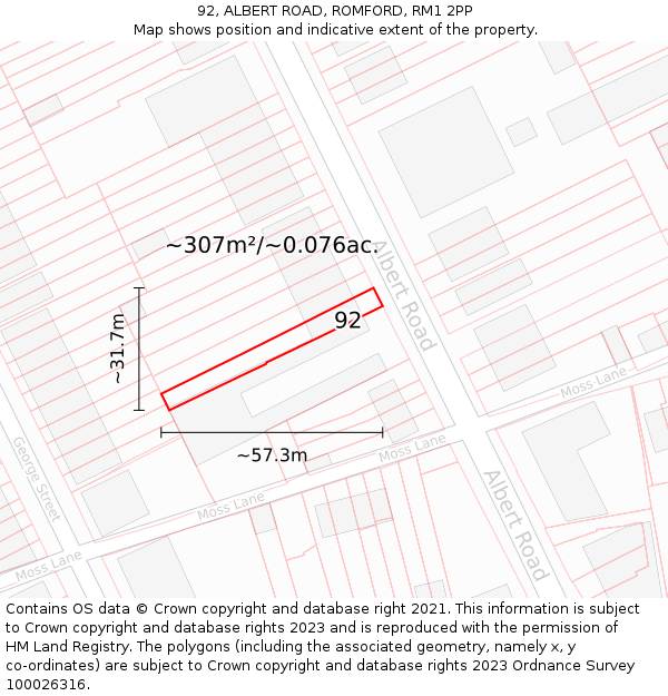 92, ALBERT ROAD, ROMFORD, RM1 2PP: Plot and title map