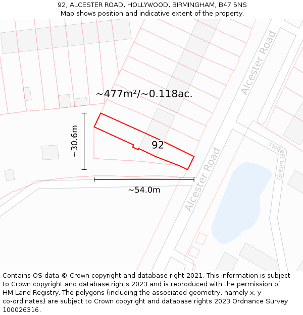 92, ALCESTER ROAD, HOLLYWOOD, BIRMINGHAM, B47 5NS: Plot and title map