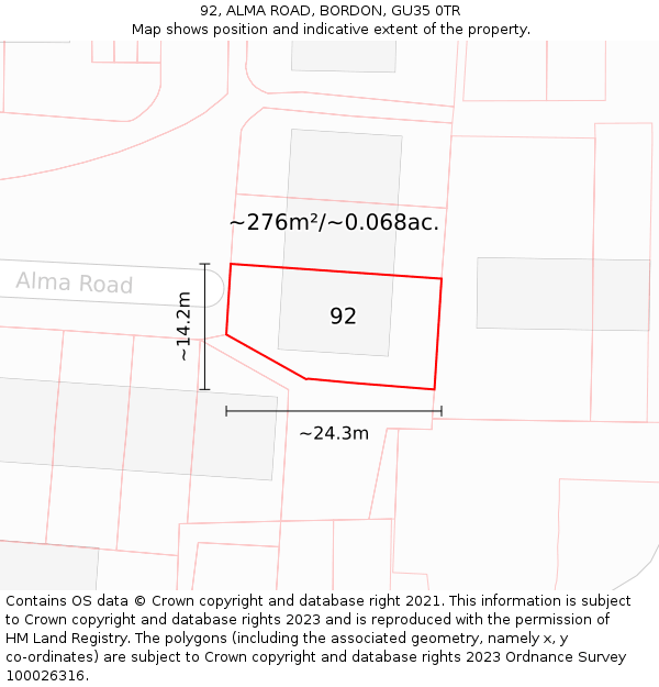 92, ALMA ROAD, BORDON, GU35 0TR: Plot and title map
