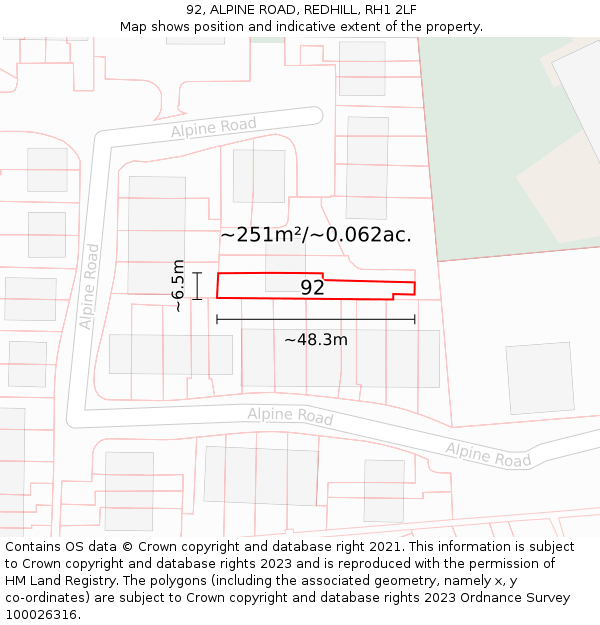 92, ALPINE ROAD, REDHILL, RH1 2LF: Plot and title map
