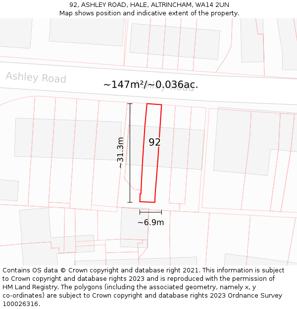 92, ASHLEY ROAD, HALE, ALTRINCHAM, WA14 2UN: Plot and title map