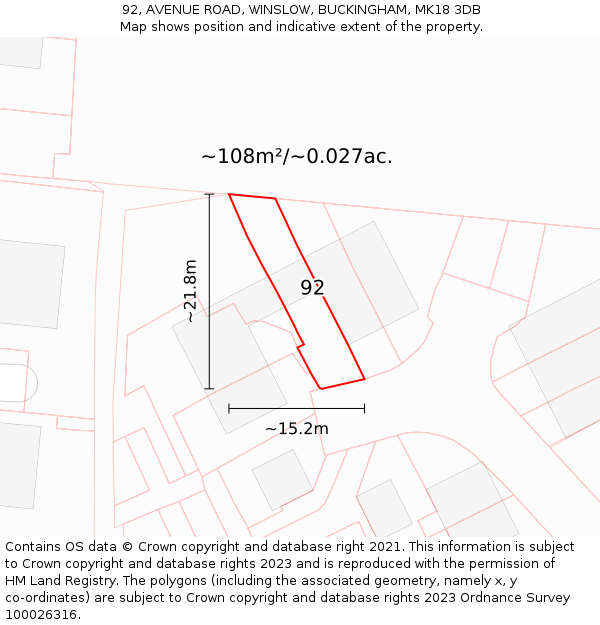 92, AVENUE ROAD, WINSLOW, BUCKINGHAM, MK18 3DB: Plot and title map