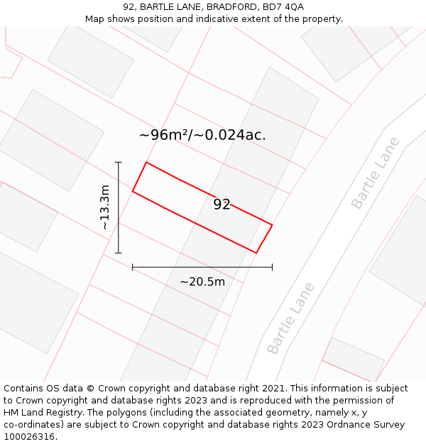 92, BARTLE LANE, BRADFORD, BD7 4QA: Plot and title map