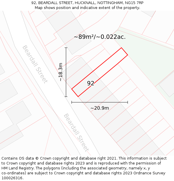 92, BEARDALL STREET, HUCKNALL, NOTTINGHAM, NG15 7RP: Plot and title map