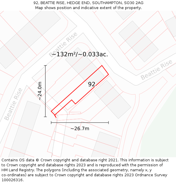 92, BEATTIE RISE, HEDGE END, SOUTHAMPTON, SO30 2AG: Plot and title map