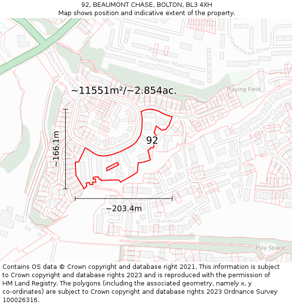 92, BEAUMONT CHASE, BOLTON, BL3 4XH: Plot and title map