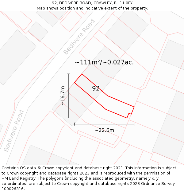 92, BEDIVERE ROAD, CRAWLEY, RH11 0FY: Plot and title map