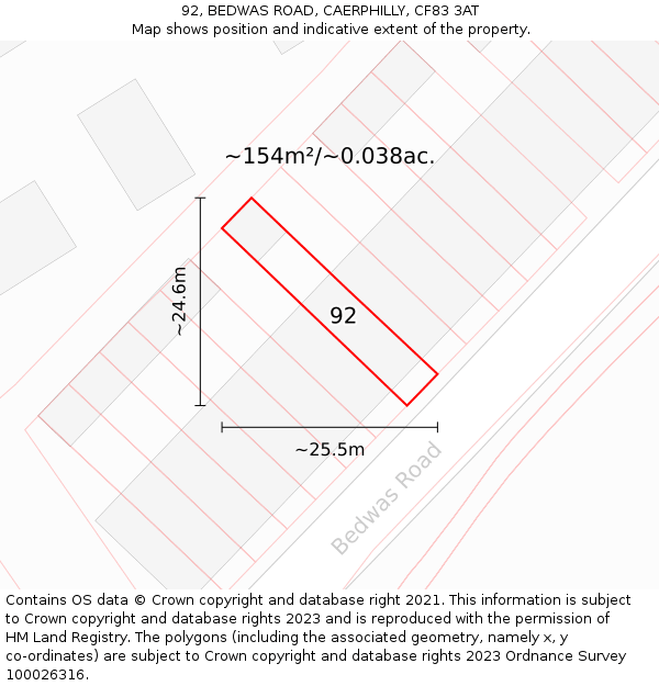 92, BEDWAS ROAD, CAERPHILLY, CF83 3AT: Plot and title map