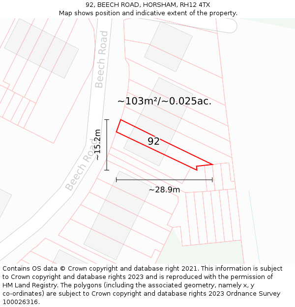 92, BEECH ROAD, HORSHAM, RH12 4TX: Plot and title map