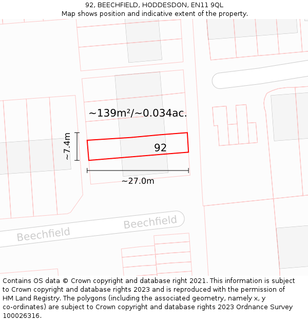 92, BEECHFIELD, HODDESDON, EN11 9QL: Plot and title map