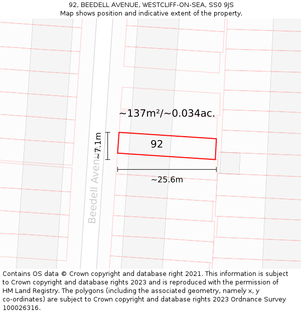 92, BEEDELL AVENUE, WESTCLIFF-ON-SEA, SS0 9JS: Plot and title map