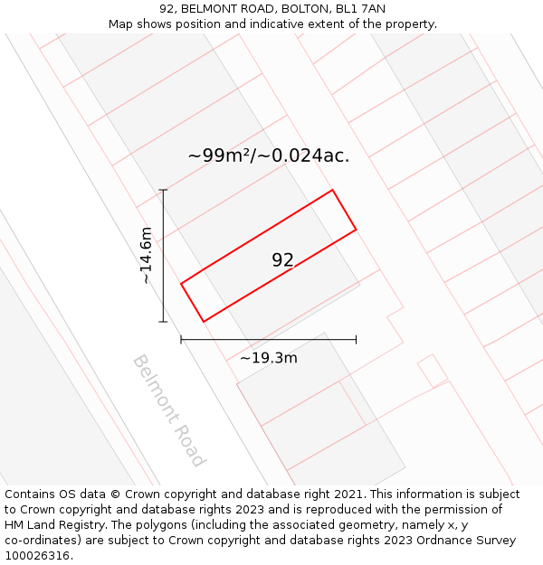 92, BELMONT ROAD, BOLTON, BL1 7AN: Plot and title map