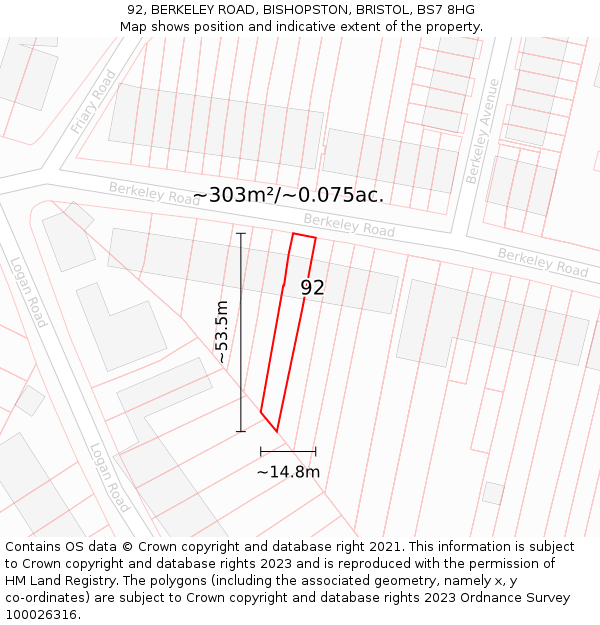 92, BERKELEY ROAD, BISHOPSTON, BRISTOL, BS7 8HG: Plot and title map