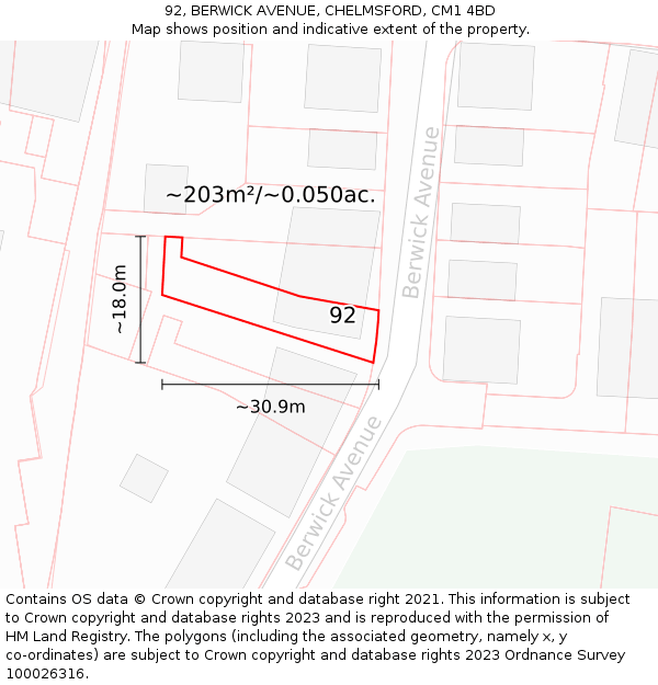 92, BERWICK AVENUE, CHELMSFORD, CM1 4BD: Plot and title map
