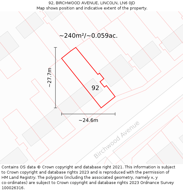 92, BIRCHWOOD AVENUE, LINCOLN, LN6 0JD: Plot and title map