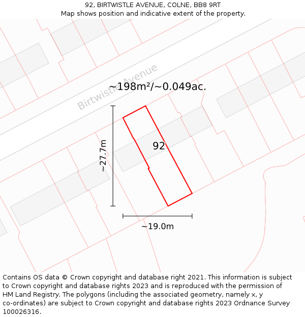 92, BIRTWISTLE AVENUE, COLNE, BB8 9RT: Plot and title map