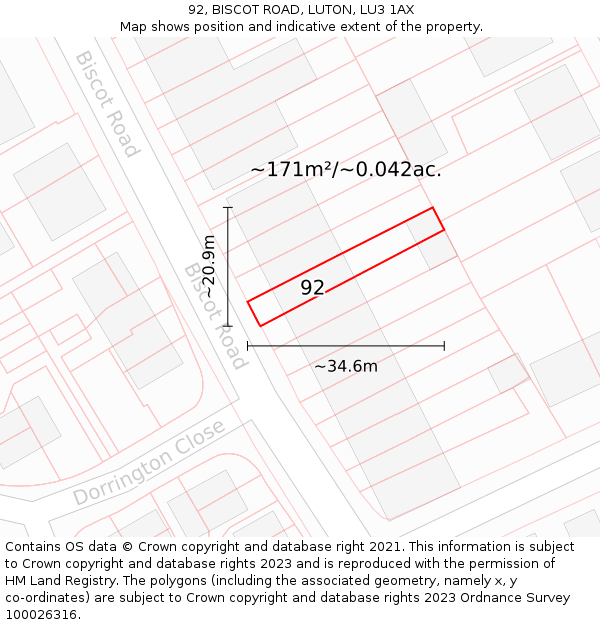 92, BISCOT ROAD, LUTON, LU3 1AX: Plot and title map
