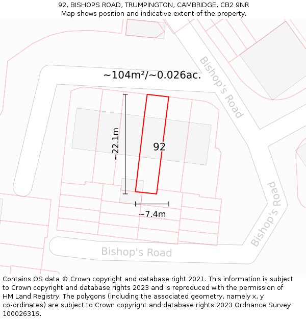 92, BISHOPS ROAD, TRUMPINGTON, CAMBRIDGE, CB2 9NR: Plot and title map
