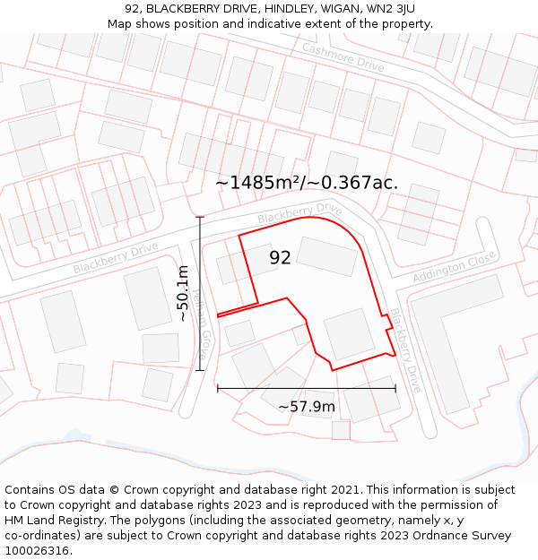92, BLACKBERRY DRIVE, HINDLEY, WIGAN, WN2 3JU: Plot and title map