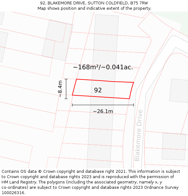 92, BLAKEMORE DRIVE, SUTTON COLDFIELD, B75 7RW: Plot and title map