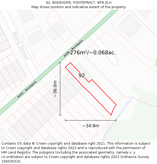 92, BONDGATE, PONTEFRACT, WF8 2LH: Plot and title map