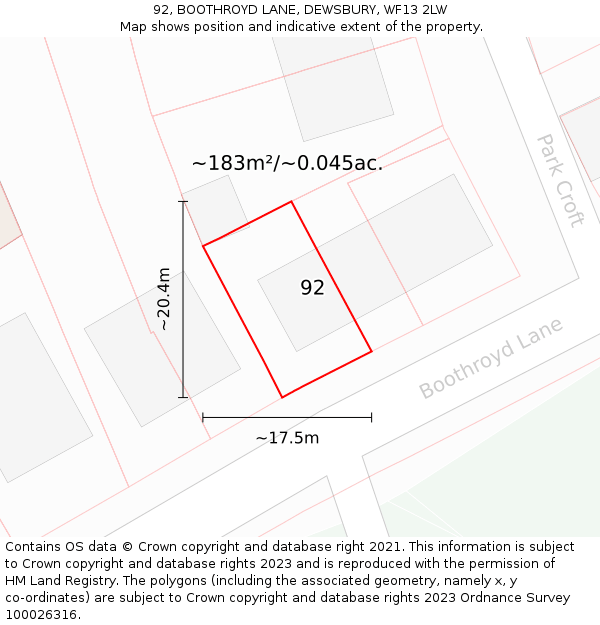 92, BOOTHROYD LANE, DEWSBURY, WF13 2LW: Plot and title map