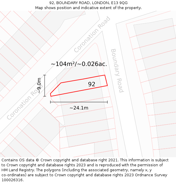 92, BOUNDARY ROAD, LONDON, E13 9QG: Plot and title map