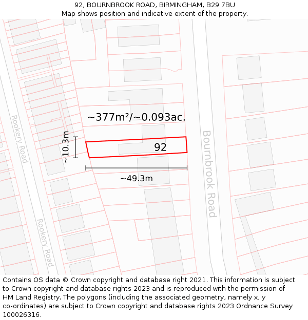 92, BOURNBROOK ROAD, BIRMINGHAM, B29 7BU: Plot and title map