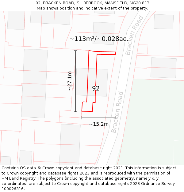 92, BRACKEN ROAD, SHIREBROOK, MANSFIELD, NG20 8FB: Plot and title map