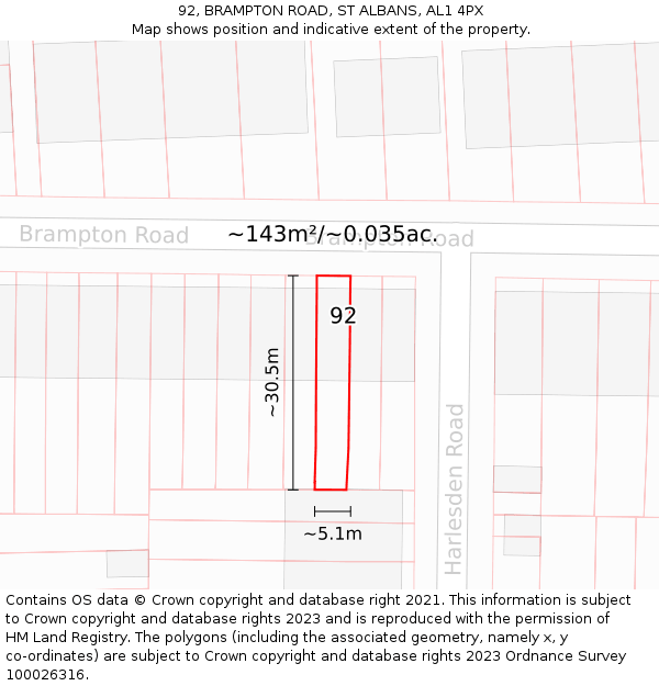 92, BRAMPTON ROAD, ST ALBANS, AL1 4PX: Plot and title map