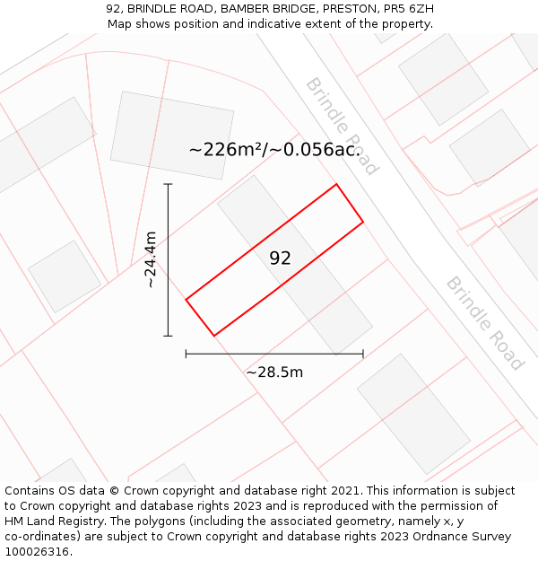 92, BRINDLE ROAD, BAMBER BRIDGE, PRESTON, PR5 6ZH: Plot and title map