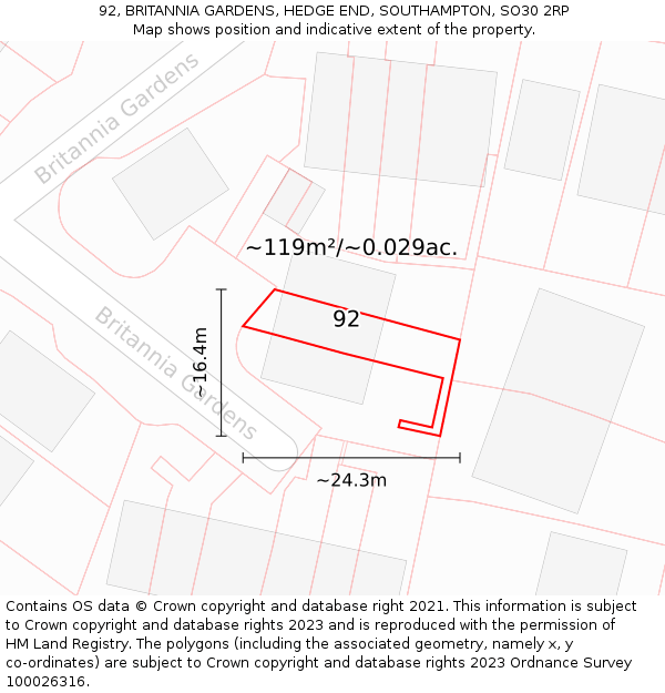 92, BRITANNIA GARDENS, HEDGE END, SOUTHAMPTON, SO30 2RP: Plot and title map