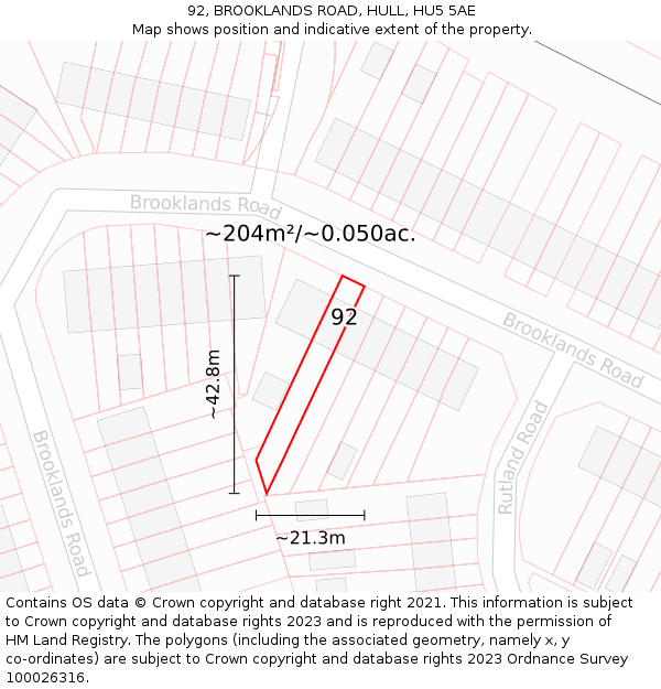 92, BROOKLANDS ROAD, HULL, HU5 5AE: Plot and title map