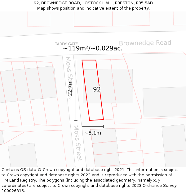 92, BROWNEDGE ROAD, LOSTOCK HALL, PRESTON, PR5 5AD: Plot and title map