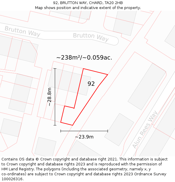 92, BRUTTON WAY, CHARD, TA20 2HB: Plot and title map