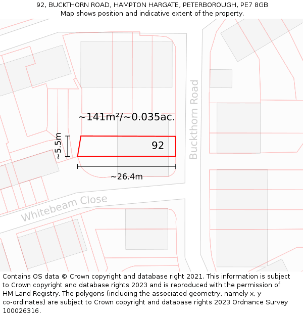 92, BUCKTHORN ROAD, HAMPTON HARGATE, PETERBOROUGH, PE7 8GB: Plot and title map